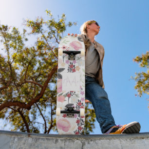 Skateboard Boho Pink Wildflowers Floral Painting