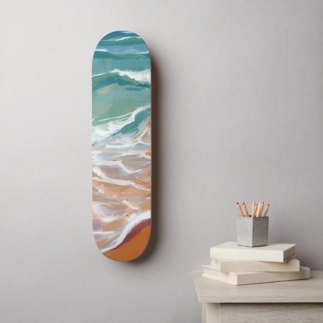 Skateboard Bord de l'océan | Aquarelle de plage aux vagues bl (Art mural)