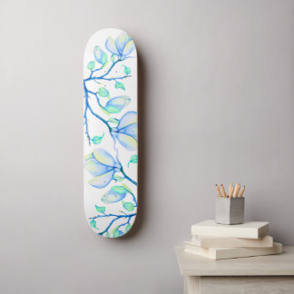 Skateboard Branche de Magnolia Aquarelle Bleu Vert Botanique