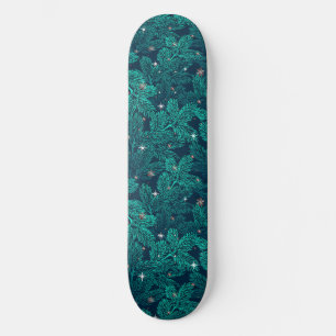 Skateboard Branches de pin sarcelle avec flocons de neige bla