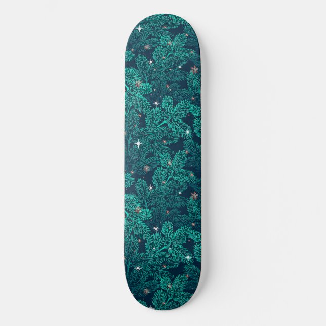 Skateboard Branches de pin sarcelle avec flocons de neige bla (Recto)