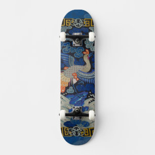 Skateboard Broderie chinoise bleu d'oiseau Vintage