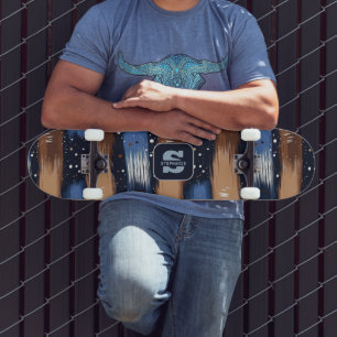 Skateboard Brosses Abstraites en bleu, blanc et Brown (3)