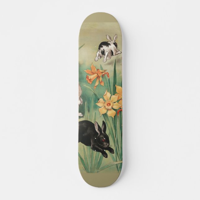 Skateboard Bunnies mignons aux fleurs de jonquille Antique Pâ (Devant)