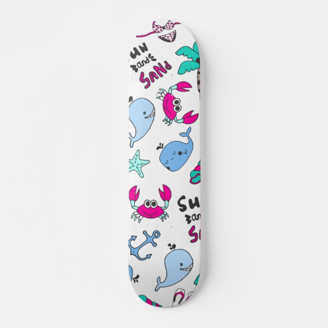 Skateboard Caractères illustrés par plage turquoise rose (Devant)
