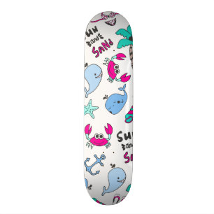 Skateboard Caractères illustrés par plage turquoise rose