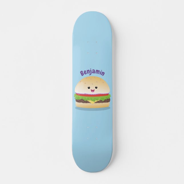 Skateboard Caricature de hamburger kawaii joyeux (Devant)