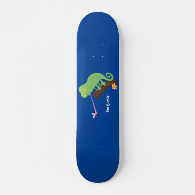 Skateboard Caricature de lézard de caméléon vert joyeux (Devant)