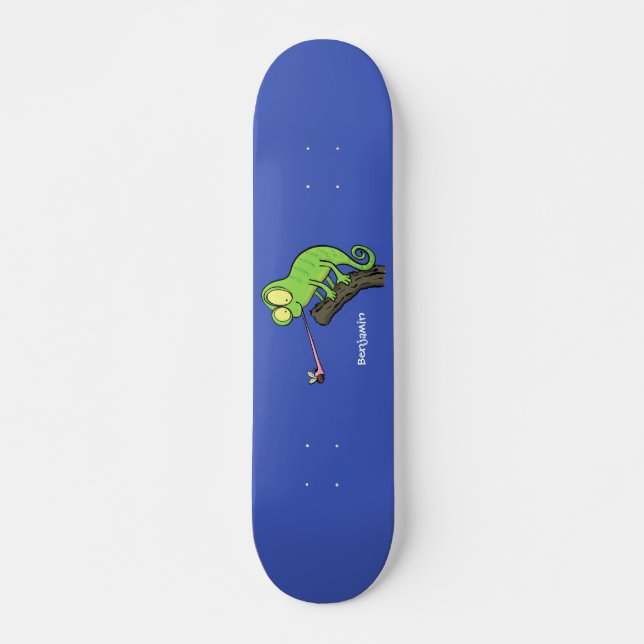 Skateboard Caricature de lézard de caméléon vert joyeux (Devant)