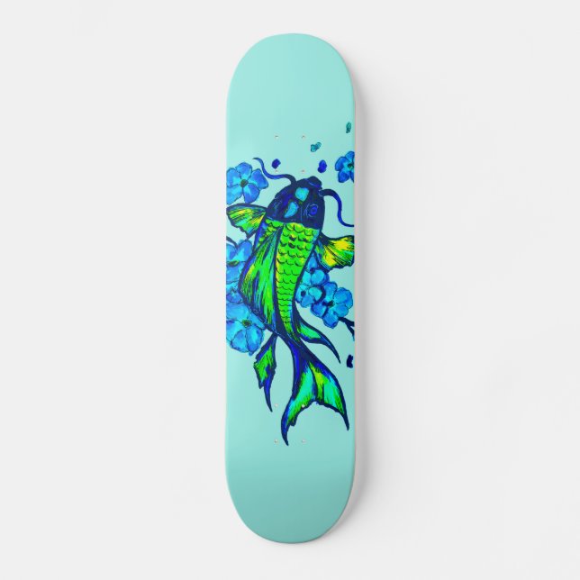 Skateboard Carpes Koï Vertes Fleurs Bleues (Recto)
