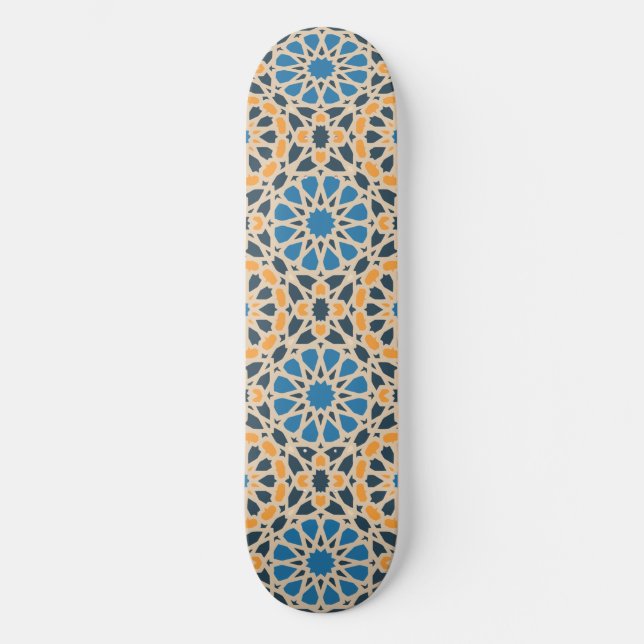 Skateboard Carreau géométrique marocain & motif orange (Recto)