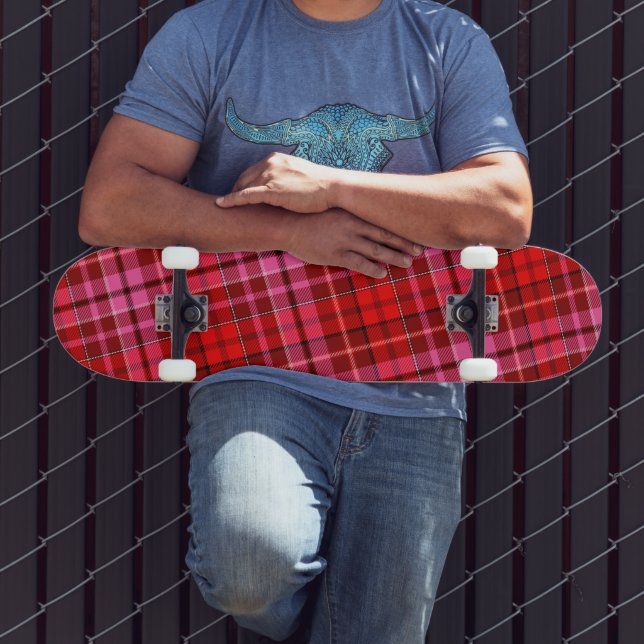 Skateboard Carreau Tartan Rouge Grenat Rose Design  (Extérieur 3)