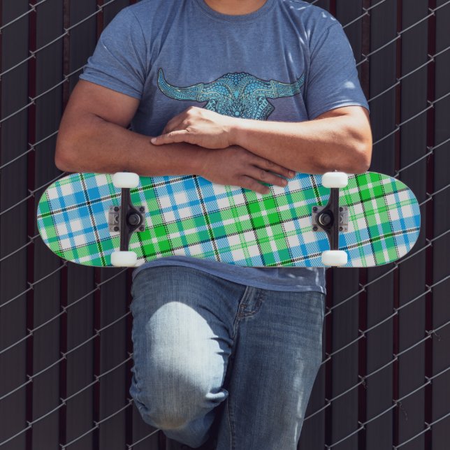 Skateboard Carreaux Bleus Et Verts Tartan Blanc  (Extérieur 3)