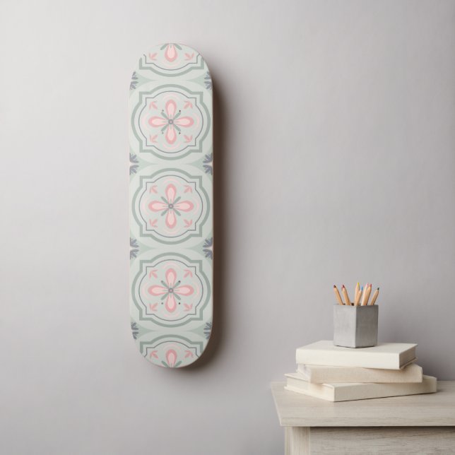 Skateboard Carreaux Floraux Pastel Verts (Art mural)