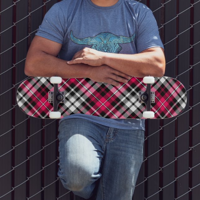 Skateboard Carreaux Tartan Rose Noir Blanc  (Extérieur 3)