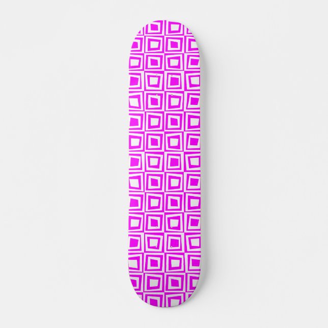 Skateboard Carrés rétro - Blanc sur Magenta (Devant)