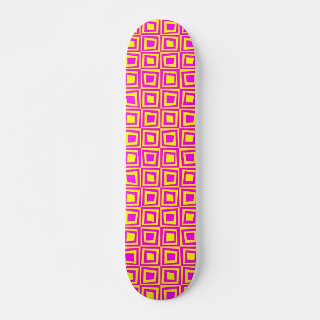 Skateboard Carrés rétro - Magenta sur Jaune (Devant)