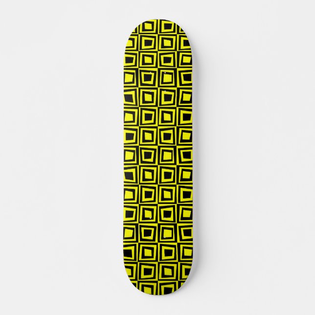Skateboard Carrés rétro - Noir sur Jaune (Devant)
