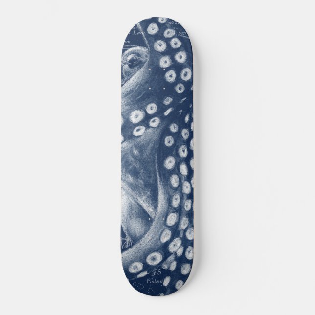 Skateboard Carte Vintage de poulpe bleue Chic (Recto)