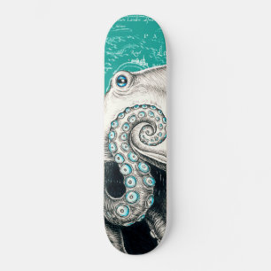 Skateboard Carte Vintage Octopus blanc Turquoise
