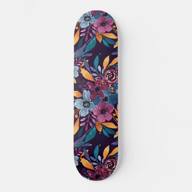 Skateboard Cas de Burgundy Navy Mustard Watercolor Flowers (Recto)