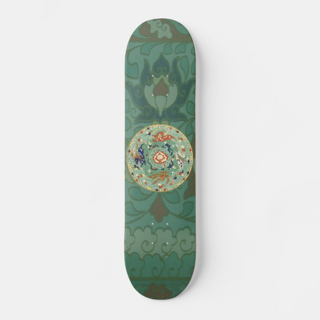 Skateboard Cercle chinois antique bleu vert (Recto)
