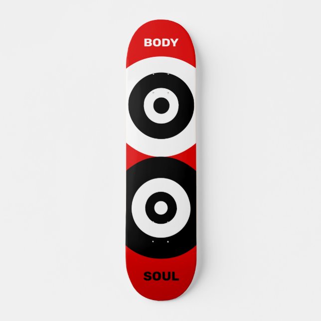 Skateboard Cercles abstraits noir & blanc sur fond rouge (Devant)