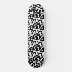 Skateboard Cercles en spirale abstraits blancs sur fond noir