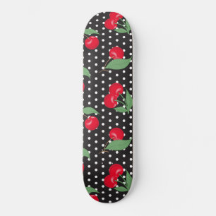 Skateboard Cerise Rouge Fruit Feuilles Vertes Points Noirs Bl