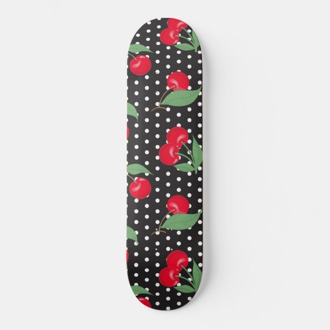 Skateboard Cerise Rouge Fruit Feuilles Vertes Points Noirs Bl (Recto)