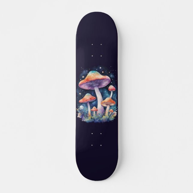 Skateboard Champignons Cosmiques Style Aquarelle (Devant)