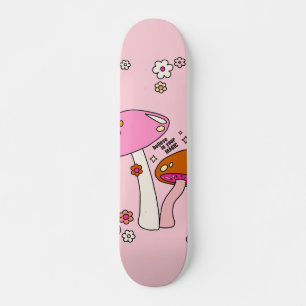 Skateboard Champignons Et Fleurs De Couleur Rétro Rose