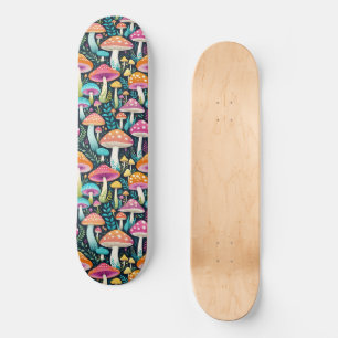 Skateboard Champignons Hippies Colorés Floral En Rose Et Bleu