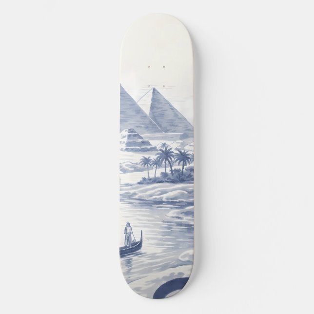 Skateboard Chat Bastet égyptien antique et Pyramides Bleu  (Recto)