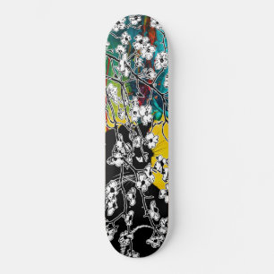 Skateboard Chat noir cerisier en fleur Abstrait floral