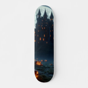 Skateboard Château médiéval sombre, chauves-souris et citroui