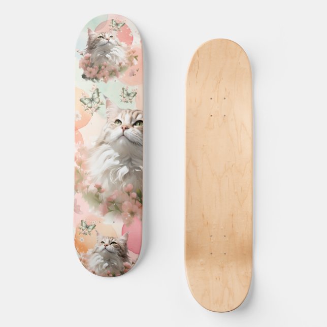 Skateboard Chats avec papillons rose et pastels (Recto)