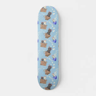Skateboard Chats en boîte et gouttes de lait sur bleu