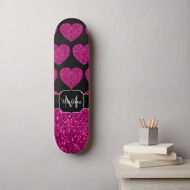 Skateboard Chaud coeur rose faux pétille motif Monogramme (Art mural)