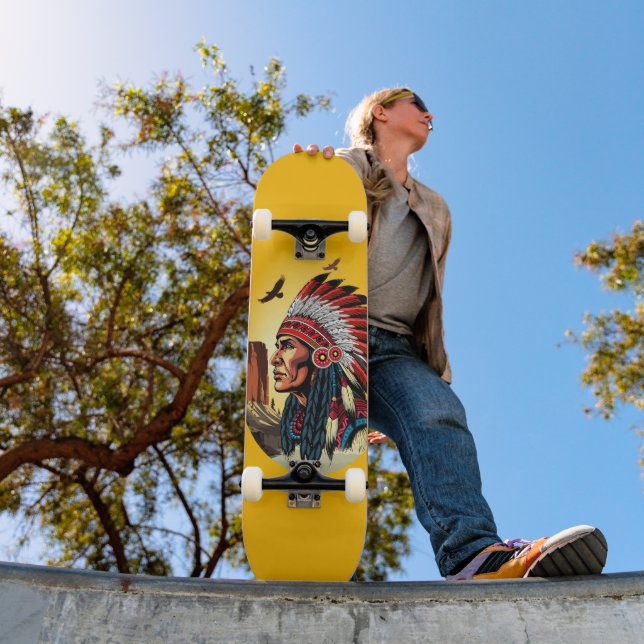Skateboard Chef amérindien sur paysage sauvage coucher de sol (Extérieur 1)