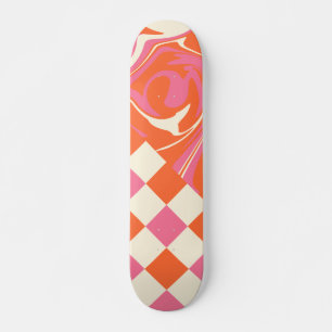 Skateboard Chèques et tourbillons - rose, orange et crème
