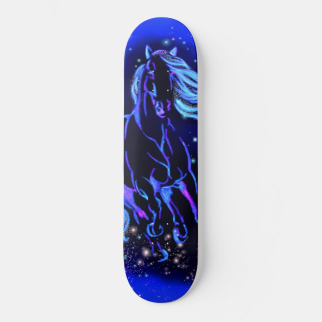Skateboard Cheval Bleu Néon Couchant Au Lune La Nuit étoilée (Recto)
