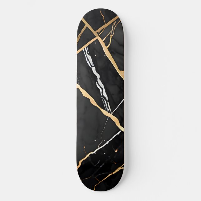 Skateboard Chic Elégant noir jaune or Faux Marble (Recto)
