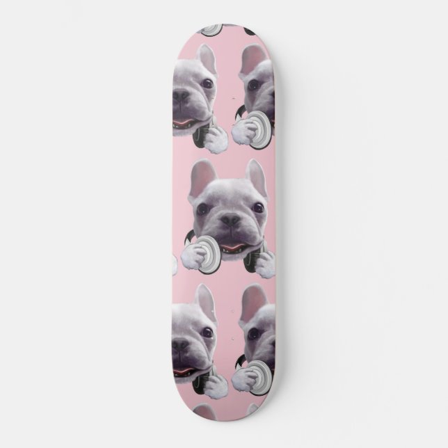Skateboard Chien de taureau français avec casque (Recto)