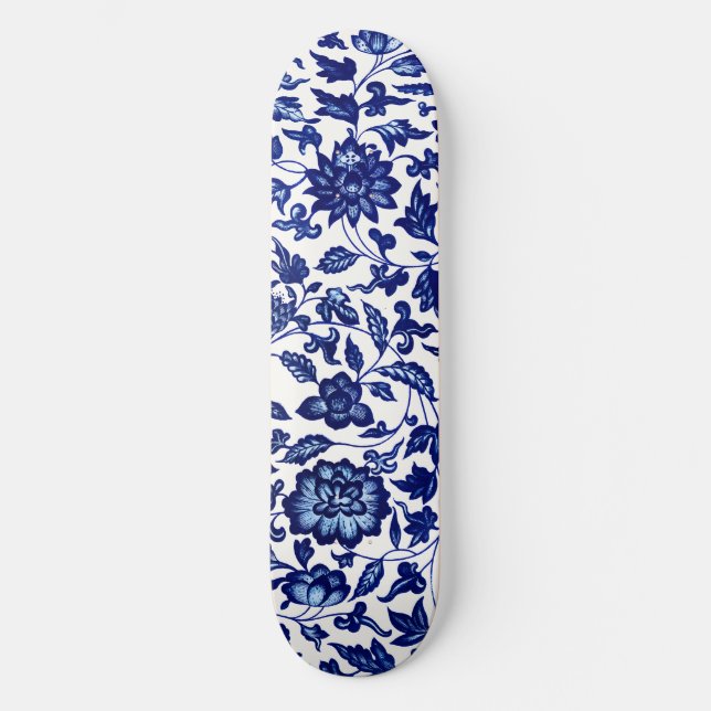 Skateboard Chinois bleu marine foncé motif floral sur blanc (Recto)