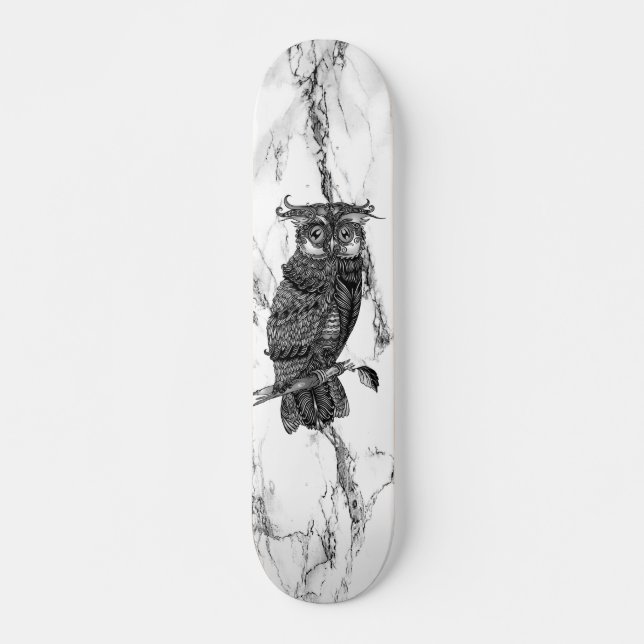 Skateboard Chouette camouflée sur marbre (Devant)