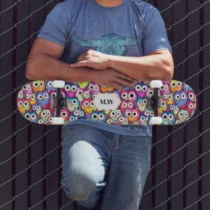 Skateboard Chouette face oiseaux collage motif monogramme spo