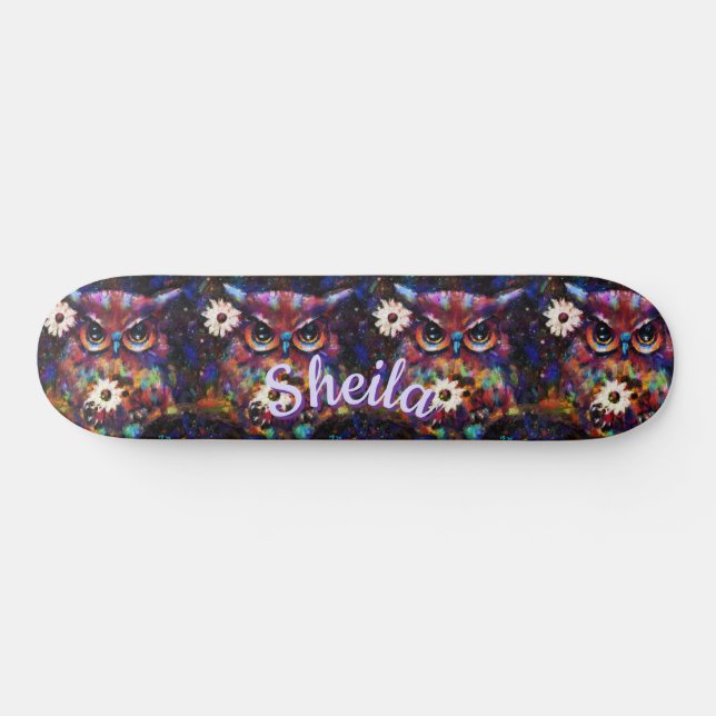 Skateboard Chouette florale impressionniste de Whimsical Pers (Horz)