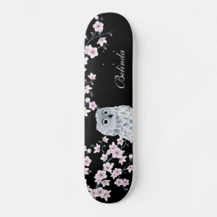 Skateboard Chouette mignonne Cerisier rose Fleur Monogramme F