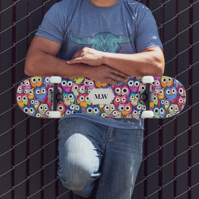 Skateboard Chouettes visages oiseaux motif de collage monogra (Extérieur 3)